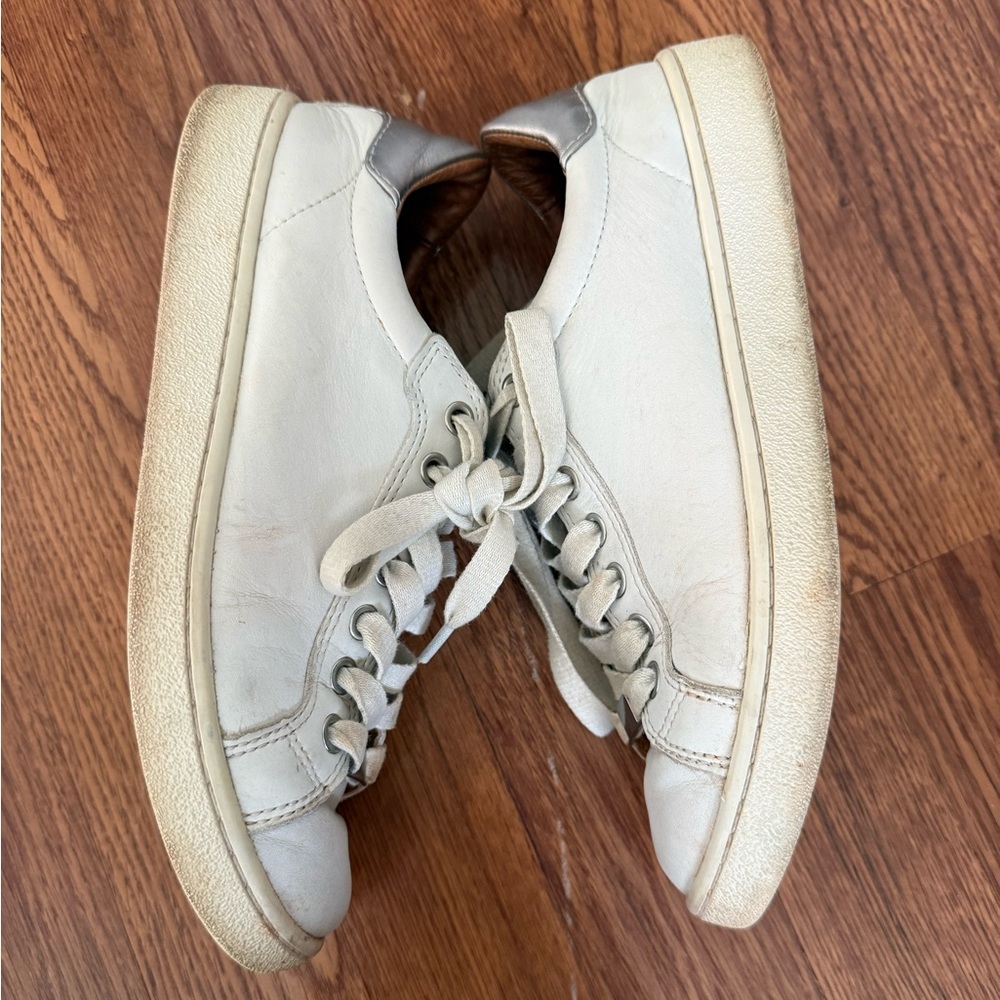 UGG Milo White Leather Lace Up Low Top Sneakers with Silver Heel Tab - Picture 3 of 8